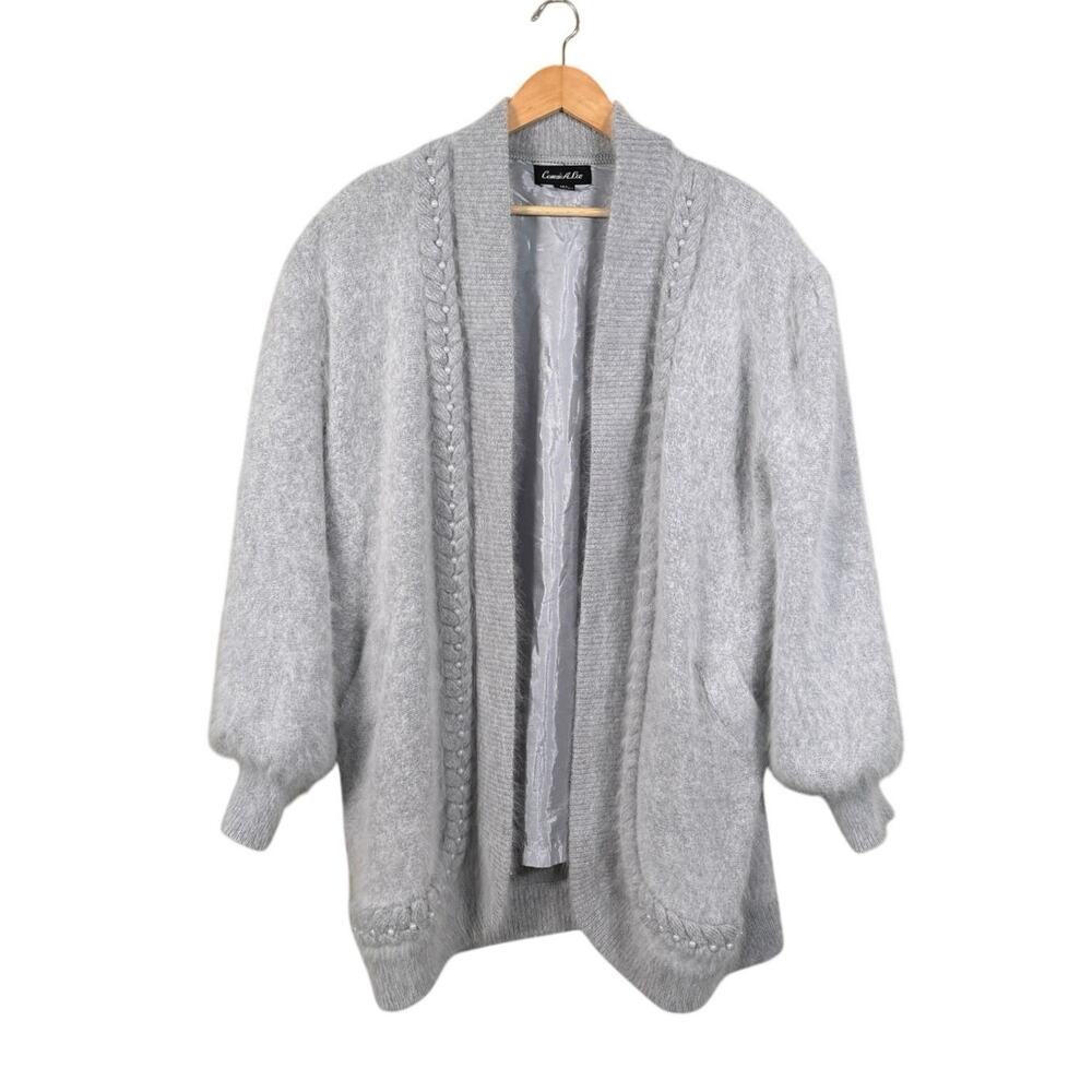 Vintage Connie A Lee Angora Pearl Cable Knit Fuzzy Sweater Cardigan Coat M/L